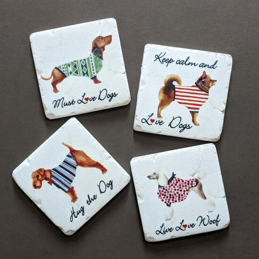 Ceramic Coasters Set of 4 Coffee Cup Coasters Table Mats Dog Pets Theme Mats