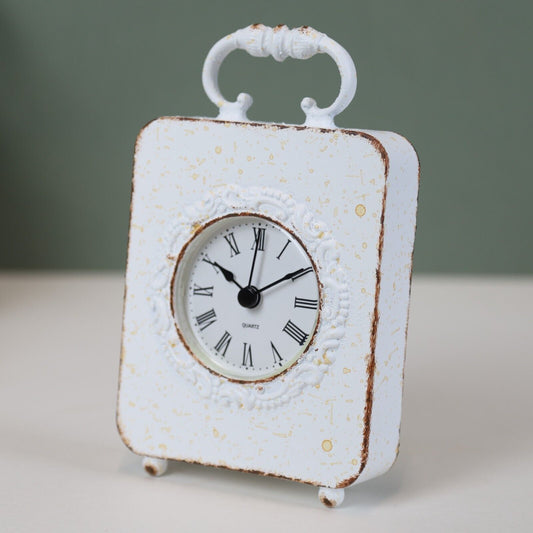 17cm Antique Metal White Carriage Table Mantle Roman Clock Gift Home Table Decor