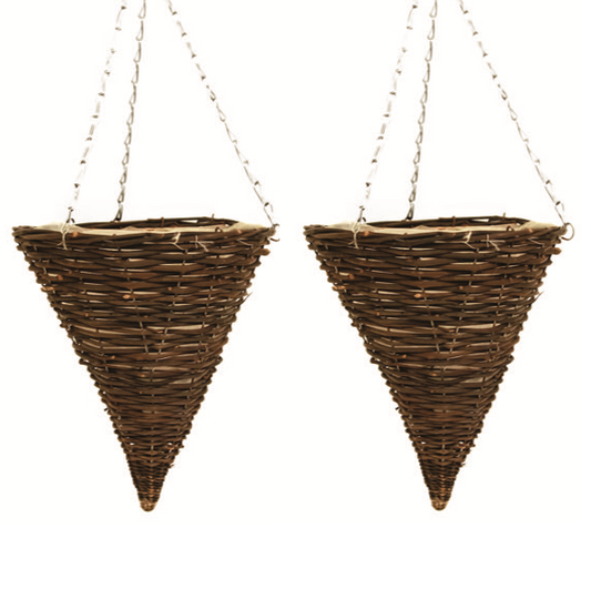 2X 36cm 14" Cone Dark Brown Wicker Hanging Basket Lined Rattan Willow Planter