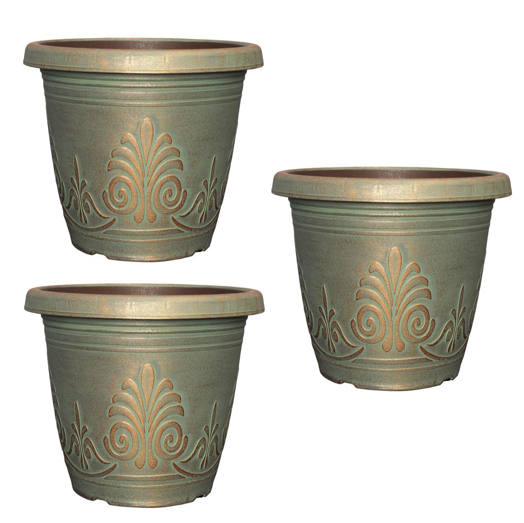 Plastic Plant Pot 1.9L Copper Green 16cm Metallic Round Garden Planter Set of 3