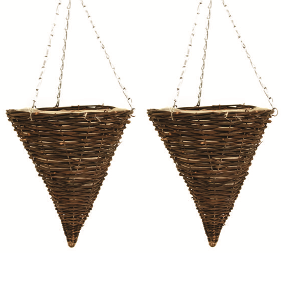 2X 30cm 12" Cone Dark Brown Wicker Hanging Basket Lined Rattan Willow Planter