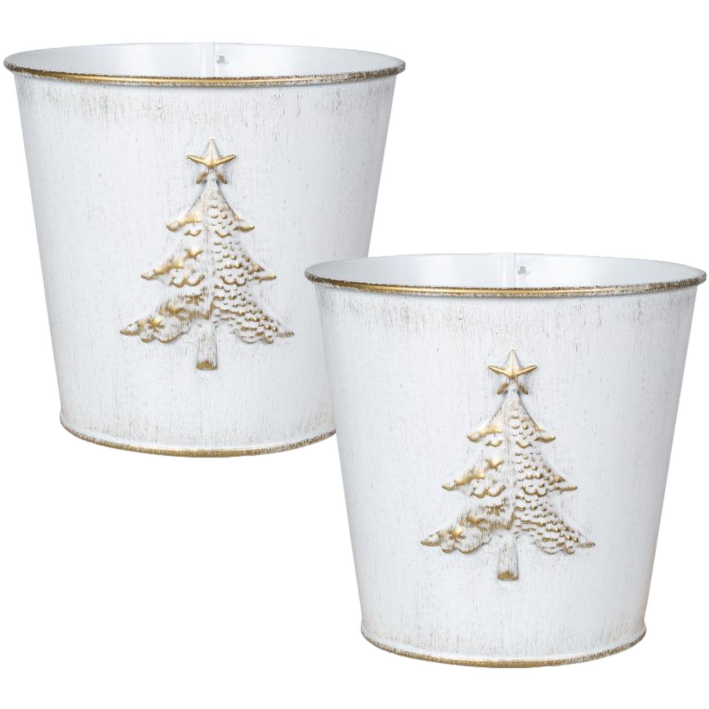 2Pc Metal Christmas 18cm Tree Embossed Plant Pot Tin Pail Planter Gold White