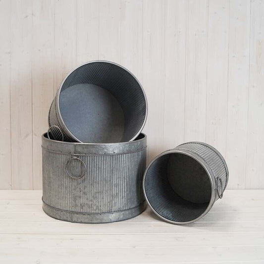 3X Large Round Vintage Galvanised Metal Ribbed Planters Plant Flower Pot Handles