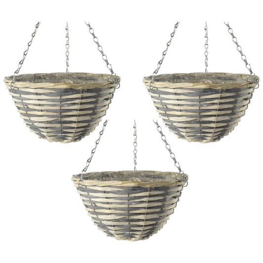 3X 30cm 12Inch Natural Grey Cream Wicker Hanging Basket Lined Willow Planter