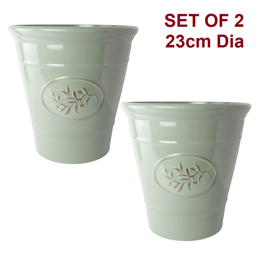 Set of 2 Olive Green Plastic Plant Pot 23cm Gloss Tall 6L Round Garden Planter