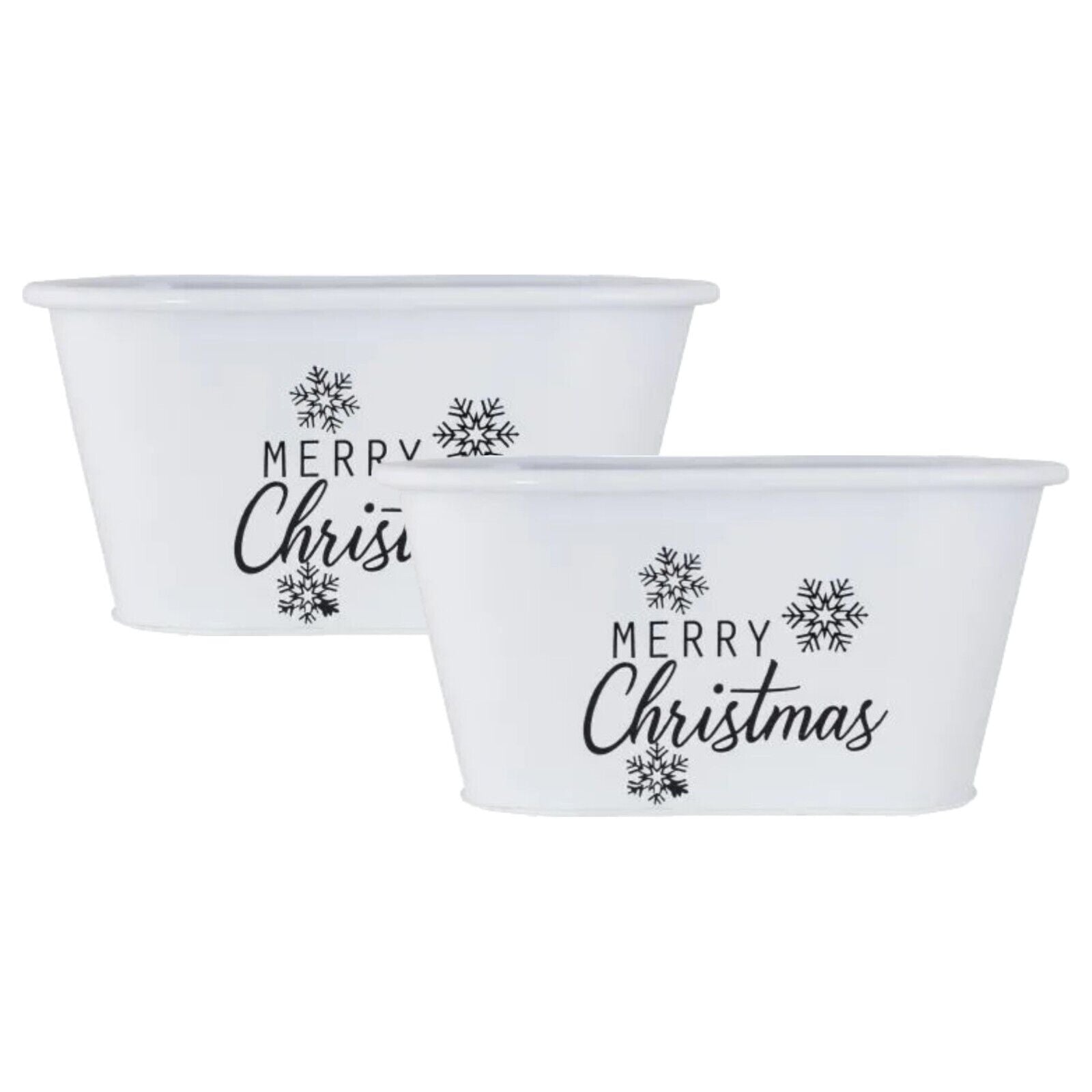 2Pc Metal Merry Christmas White Plant Pot Pail Planter Trough Xmas Snowflakes