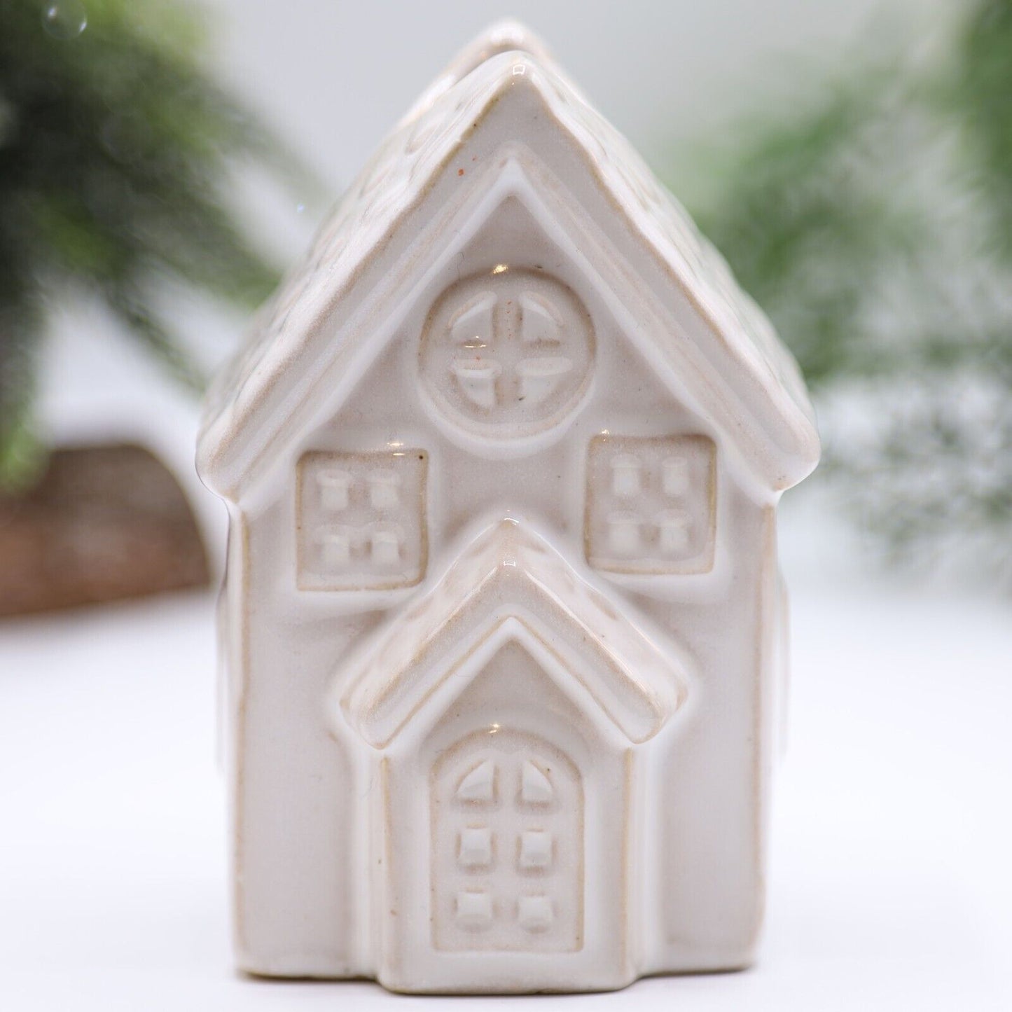 Beige Ceramic Candle Holder Country House Village Scene Ornament 10.5cm Decor