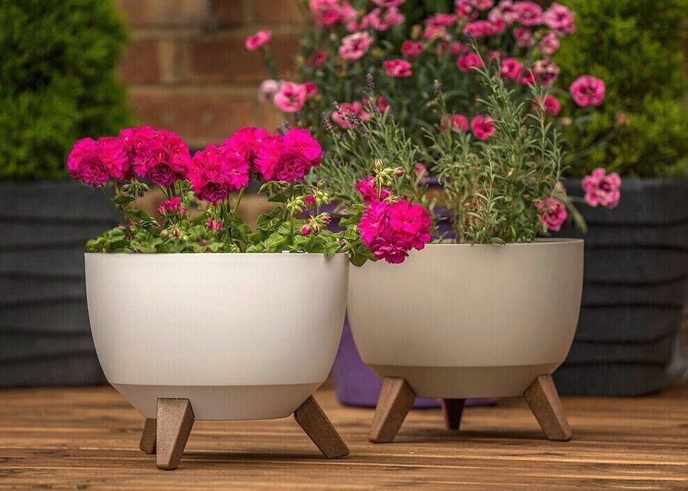 40cm Large Cream Bowl Planter Plant Pot Cover Stand Legs Indoor Outdoor Garden