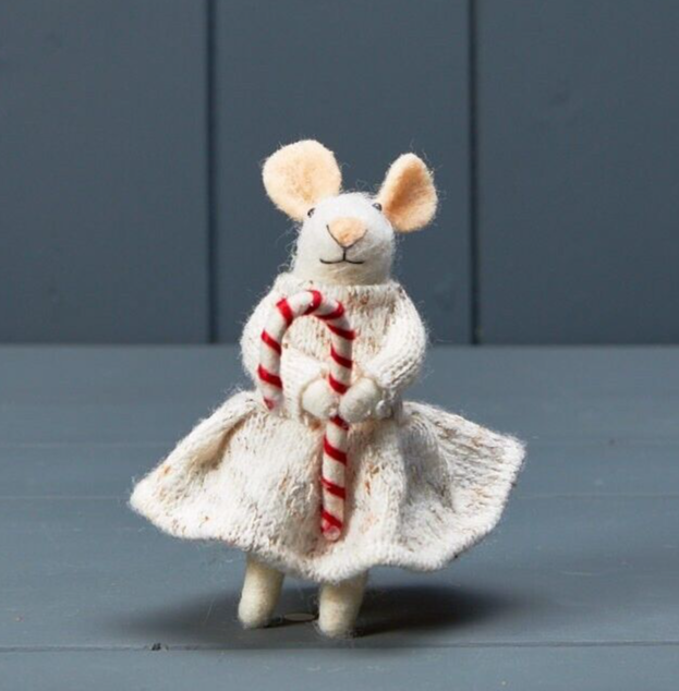 12cm Christmas Mouse with Candy Cane Freestanding Wool Christmas Figurine Decor