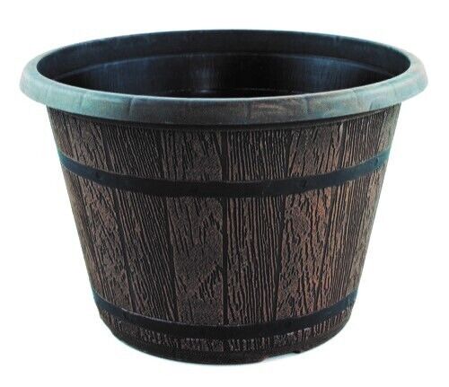 Set of 2 Round Barrel Planter Brown Chestnut 25cm Plastic Pot 6L Outdoor Tub