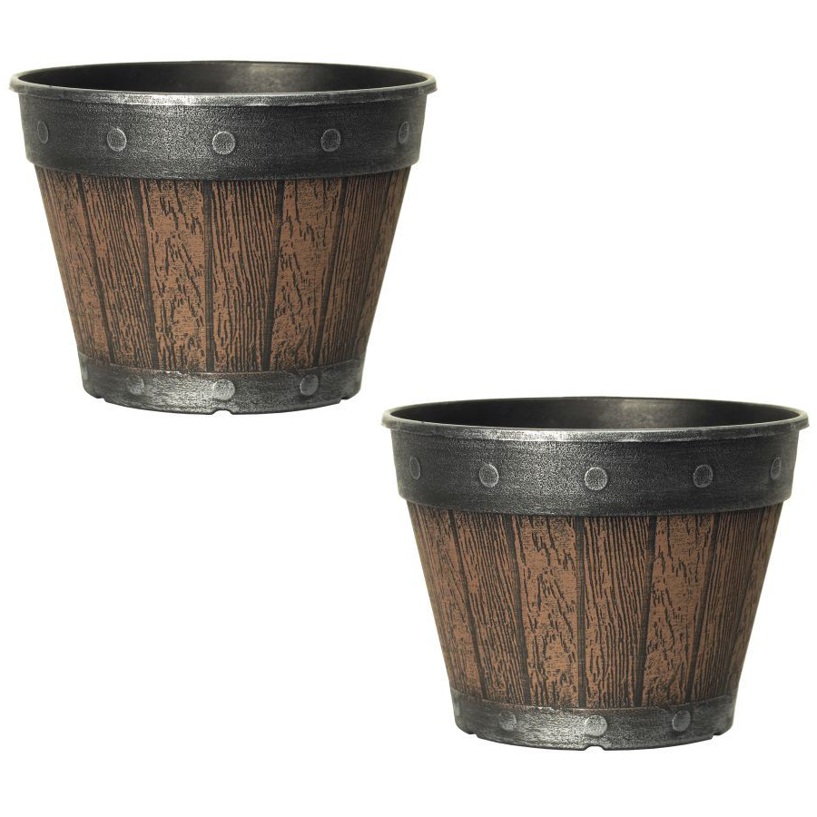 Set of 2 Round Barrel Planter Brown Chestnut 20cm Plastic Pot 3L Outdoor Tub