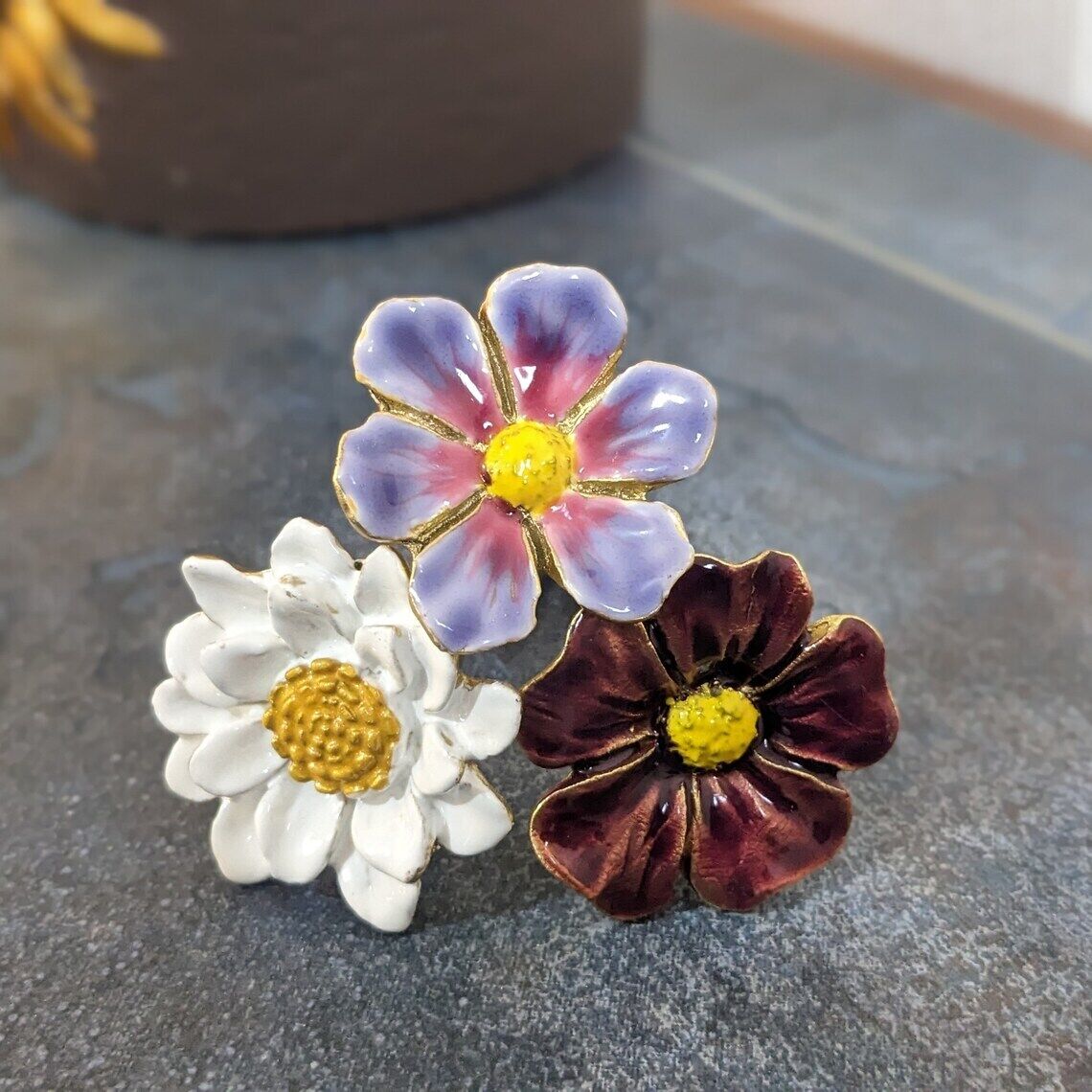 Metal Painted Daisy Drawer Knobs Handle Pulls Purple White Brown Natural Flower