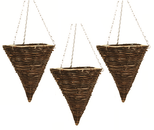 3X 36cm 14" Cone Dark Brown Wicker Hanging Basket Lined Rattan Willow Planter