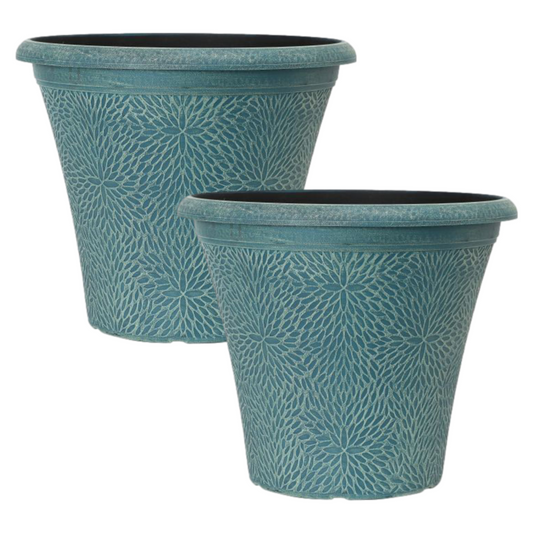 2Pc Indigo Green Plastic Planter Round 35cm Plant Pot 17L Pot Home Garden Decor