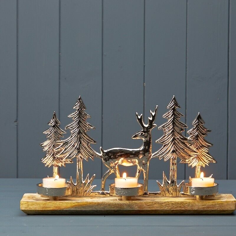 36cm Silver Deer Trees Tealight Candle Holder Reindeer Jungle Scene Xmas Decor