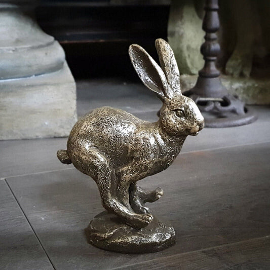 Resin Running Hare Ornament Small with Antique Gold Effect Finish Rabbit Statue