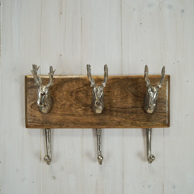 3 Stag Head Metal Hooks on Solid Wood Coat Clothes Holder Rack Wall Mount Hook