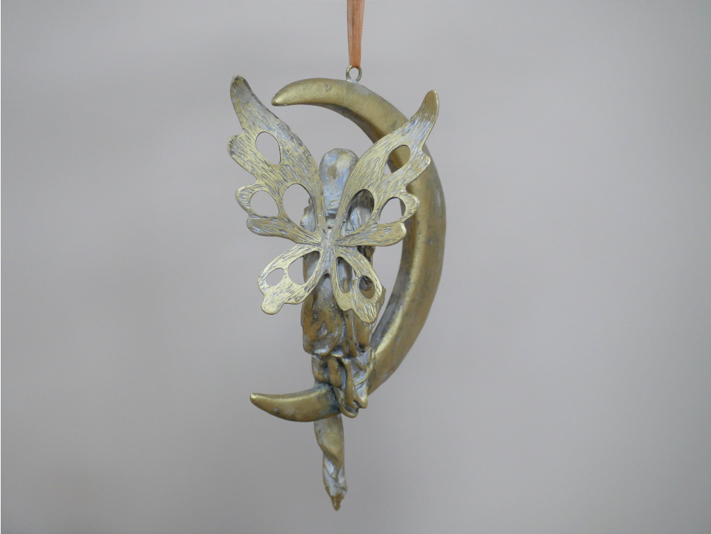 Fairy Crescent Moon Figurine Gold Wings Hanging Garden Home Decor Ornament