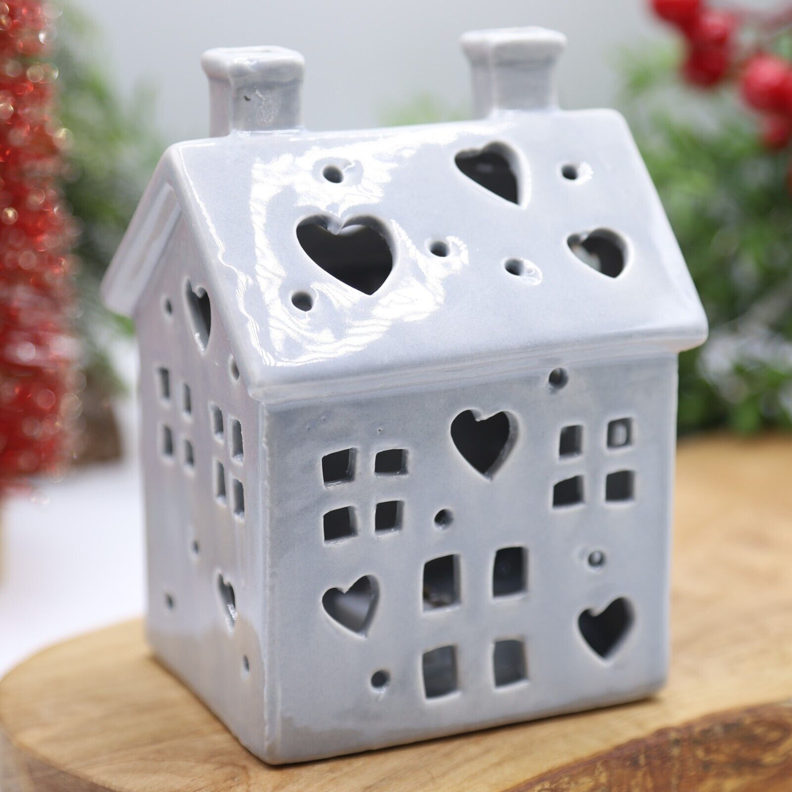 Christmas Ceramic Grey House Shaped Home Tealight Candle Holder Festive Decor