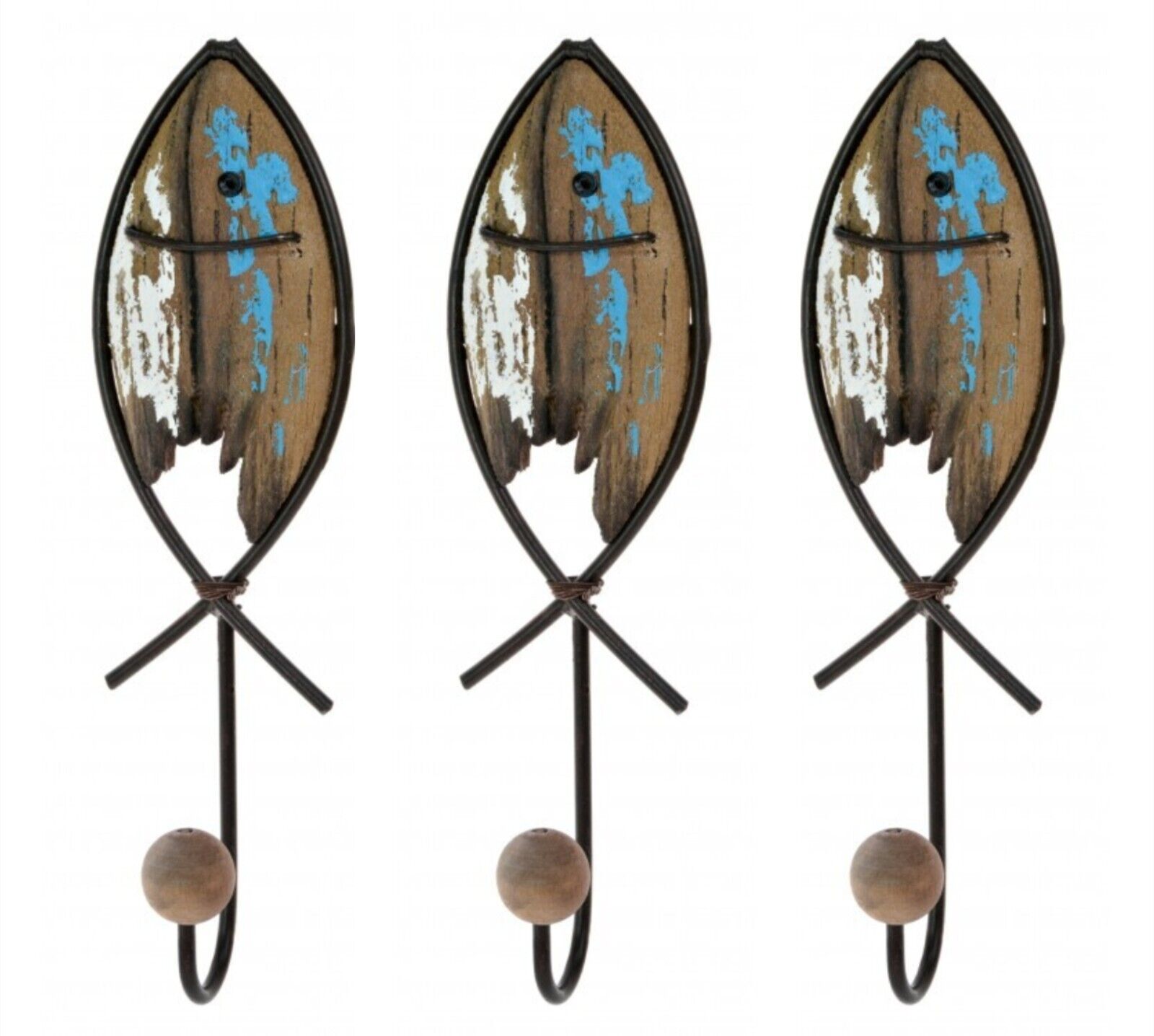 3Pc Metal Fish Wall Hooks Wooden Nautical Hook Scarf Leads Coat Hooks Key Hanger