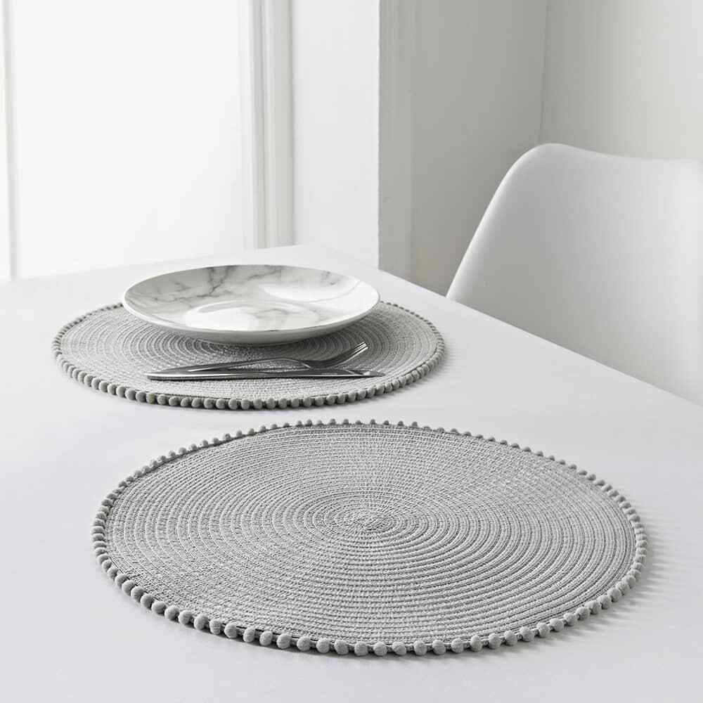 Set Of 4/8 Table Place Mats Blush Pink Grey Ochre Yellow Round Pom Pom Placemats