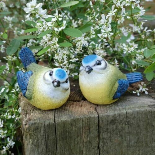 Pair of Blue Polyresin Tit Bird Statues Indoor Garden Animal Bird Decor Ornament