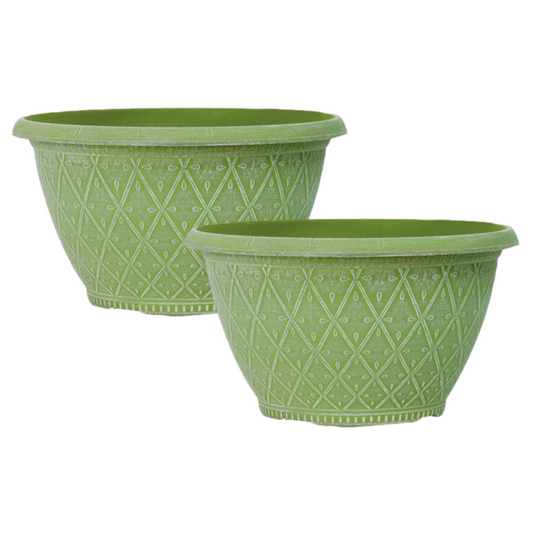 Bowl Planter 2Pc Round Plastic 25cm Powdered Moss Green 4L Garden Plant Pot