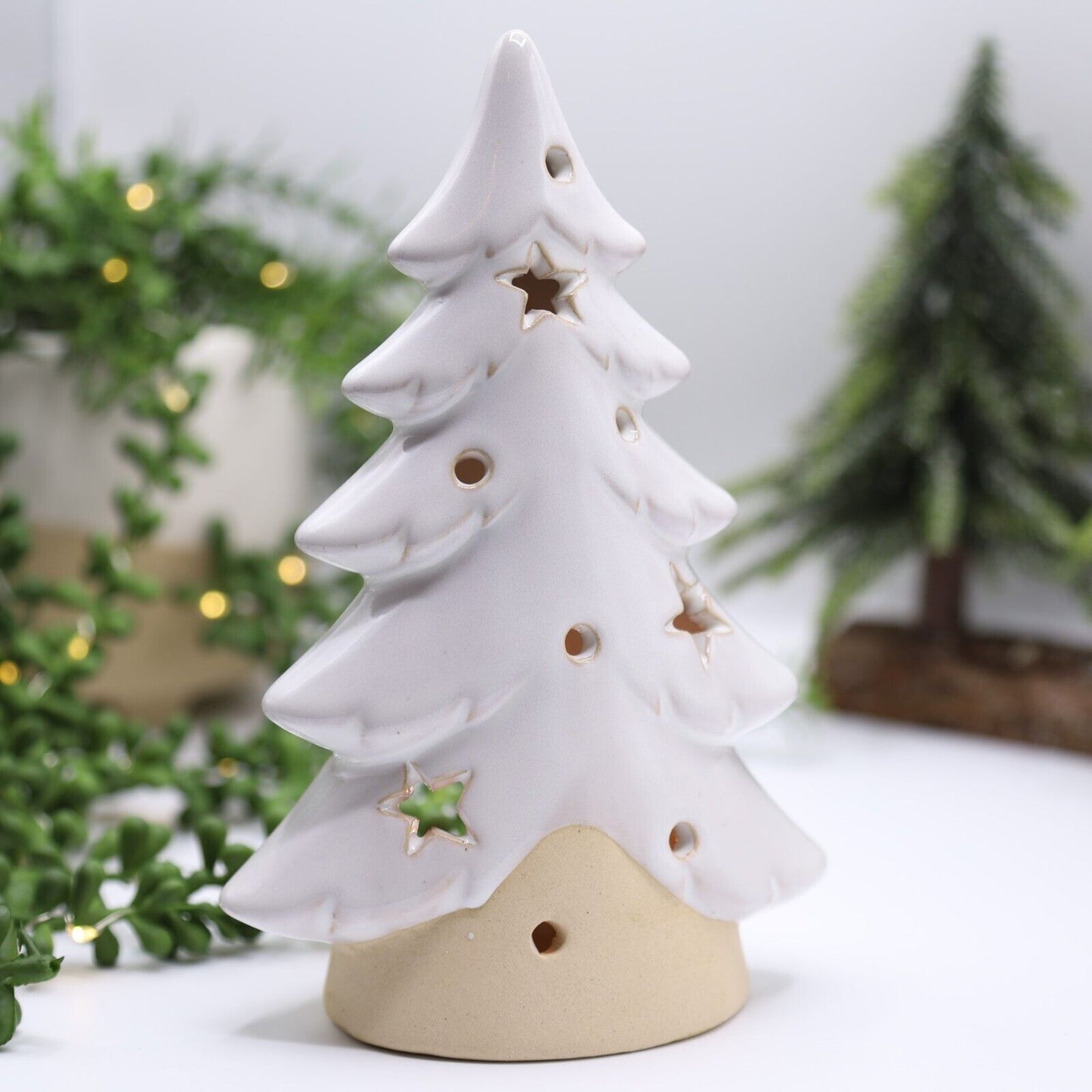 Beige Ceramic Tree Tealight Holder with Stars Cut Out Christmas Festive Decor