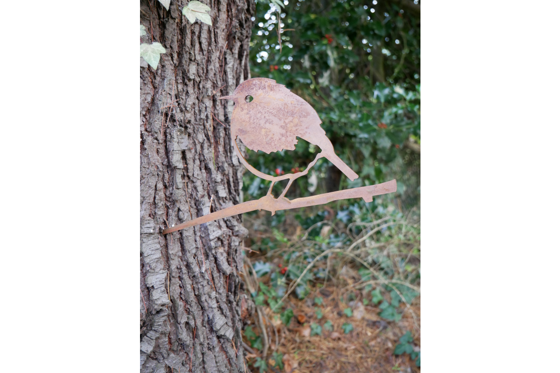 Bird Tree Spike Sign Rustic Brown Metal Outdoor Garden Ornament Plaque Decor