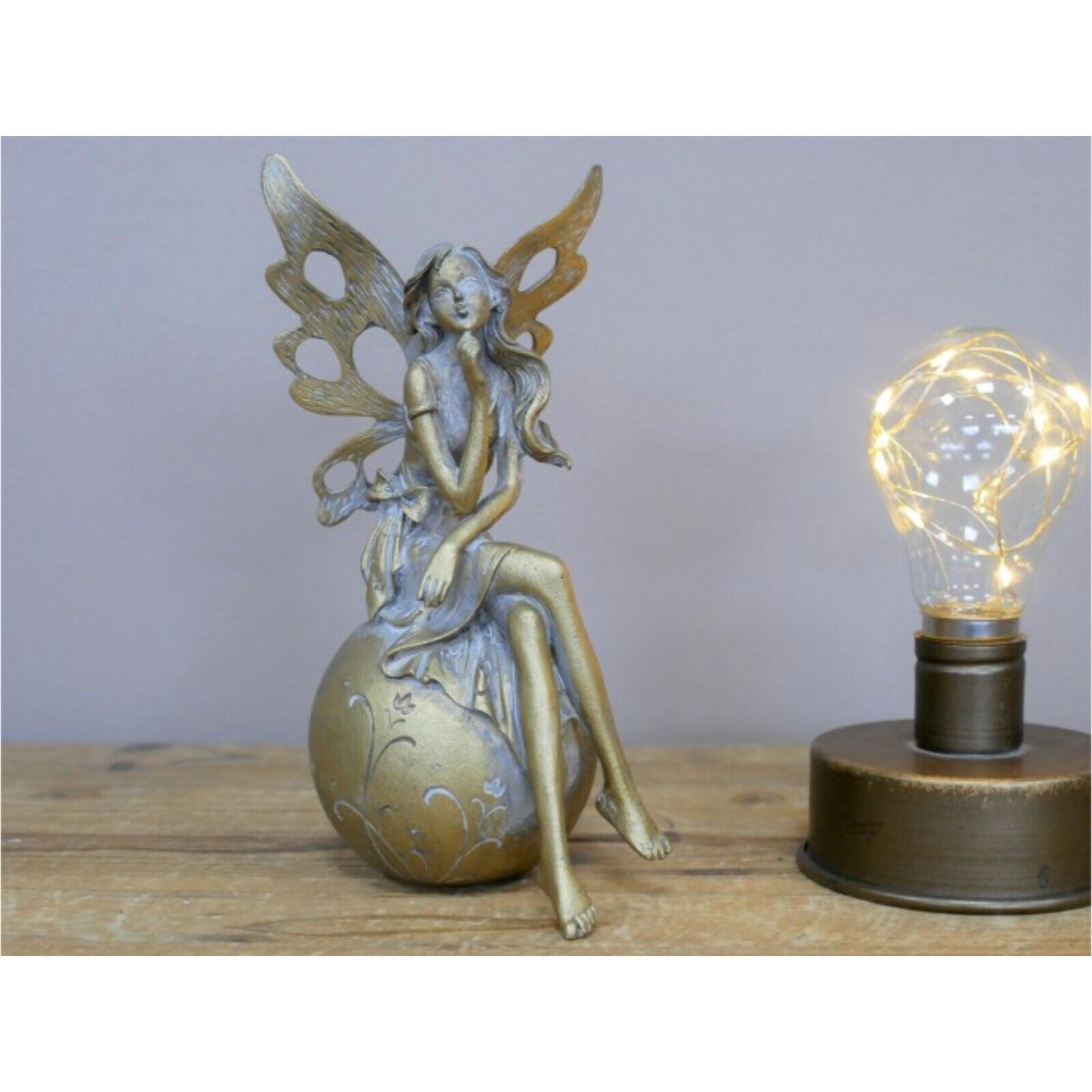 Resin Fairy Sitting on Ball Gold Ornament Magical Fairy Figurine Angel Statue