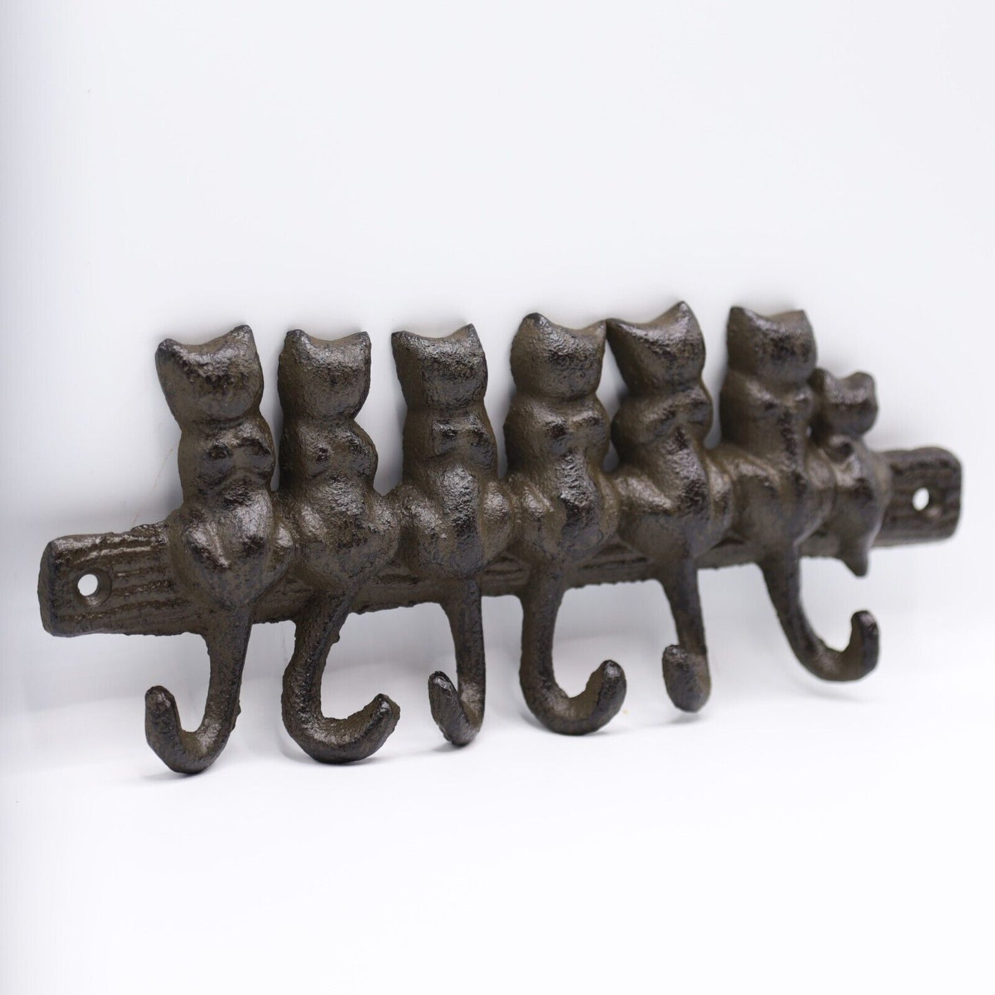 Cast Iron Cat Kitten Tail Family 6 hooks Leads Coat Wall Hanger Rack Key Hook