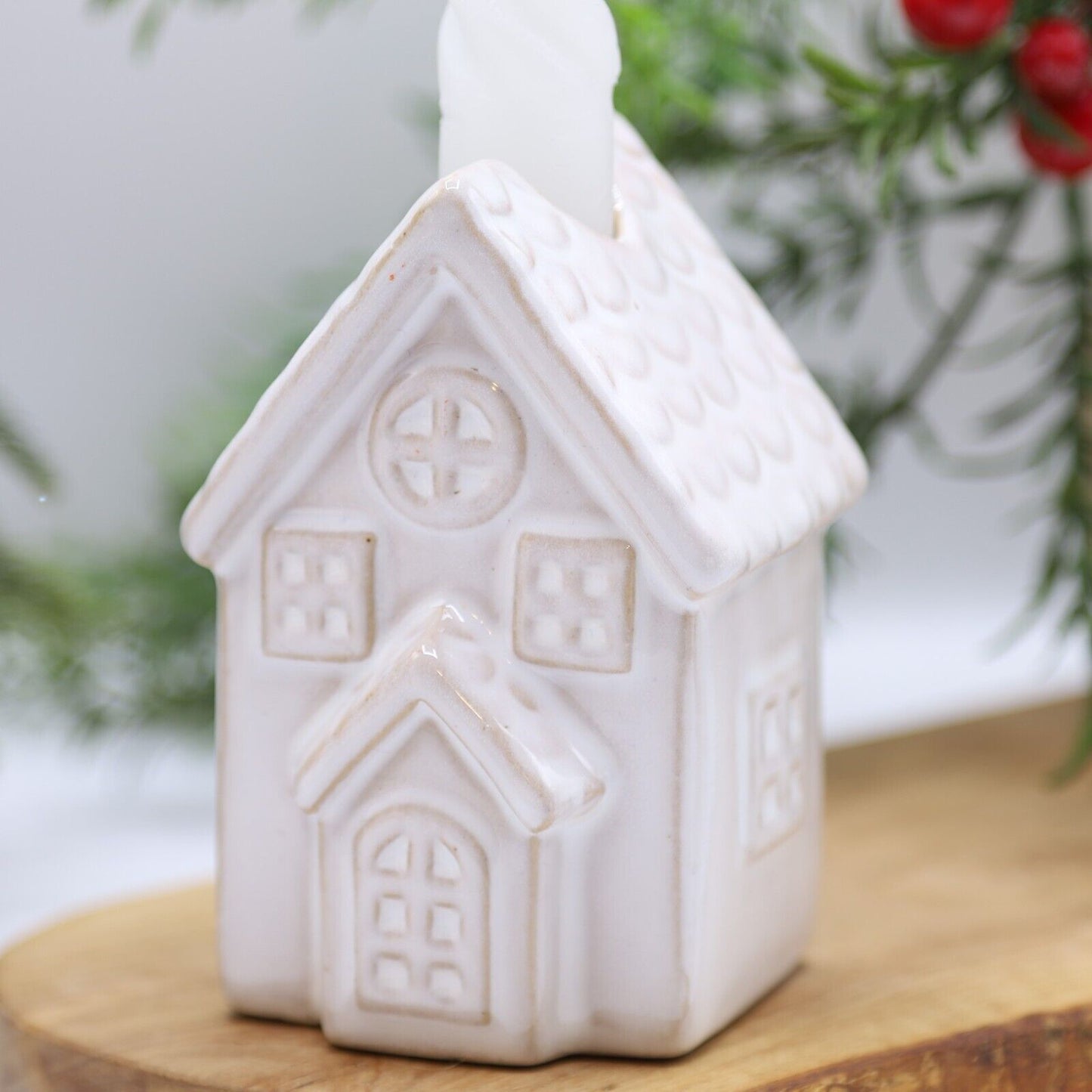 Beige Ceramic Candle Holder Country House Village Scene Ornament 10.5cm Decor