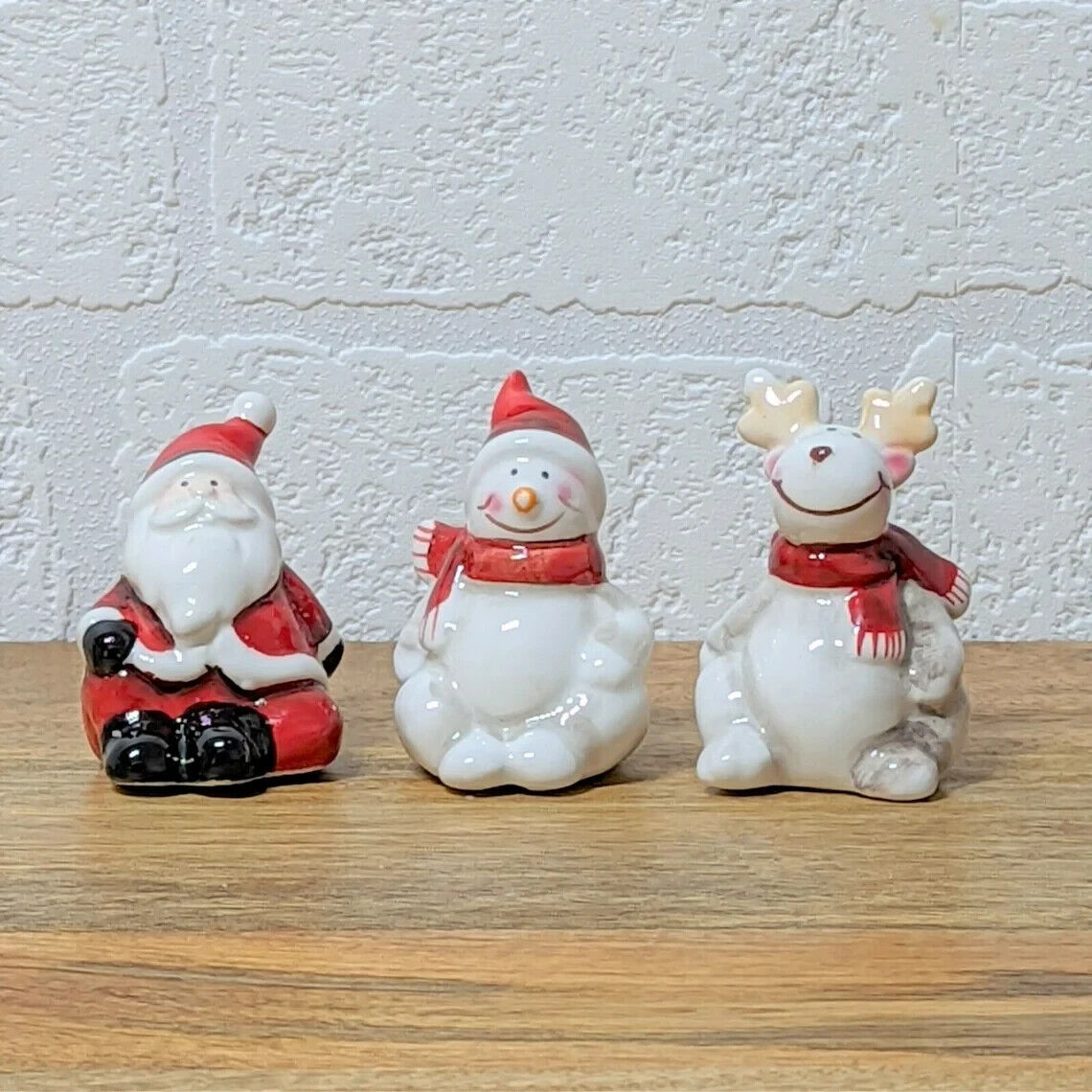 Set Of 3 Small Ceramic Santa Reindeer Snowman Christmas Decorations Ornaments