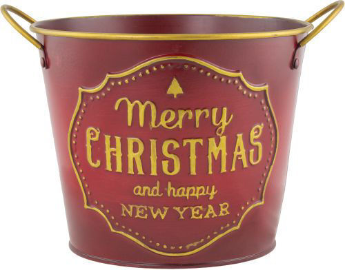 2Pcs 15cm Metal Christmas New Year Red Plant Pot Tin Pail Planter Gold Decor 