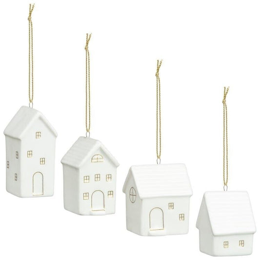 4Pc Small White Scandi Snow Ceramic Houses Baubles Tree Hanging Christmas Decor