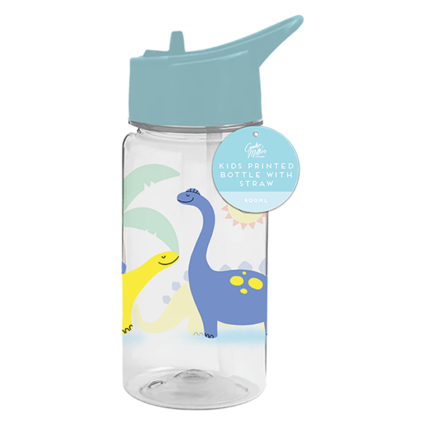 Dino Printed Plastic Water Bottle 400ml With Straw BPA FREE Boys Kids School