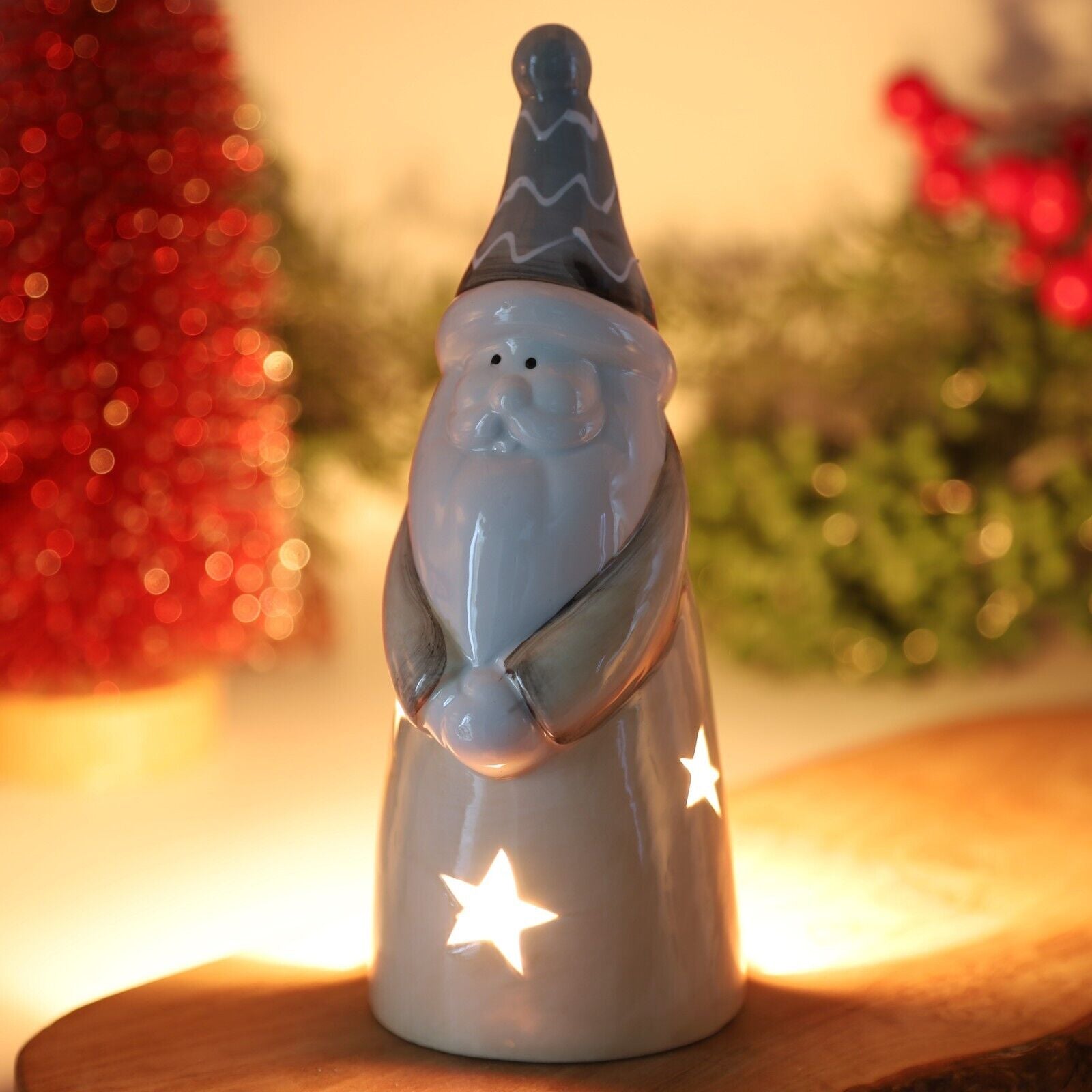 Ceramic Tall Santa Tealight Holder with Star Cut out Christmas Festive Decor