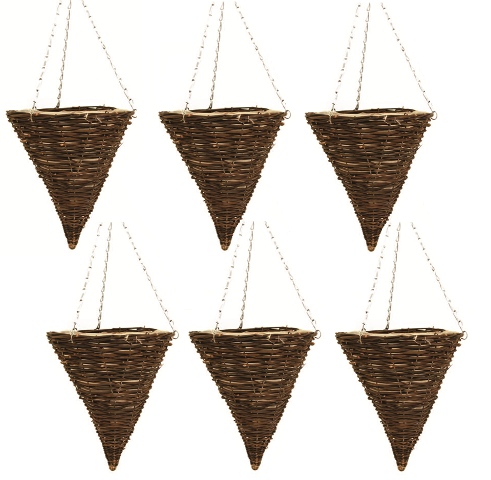 6X 36cm 14" Cone Dark Brown Wicker Hanging Basket Lined Rattan Willow Planter