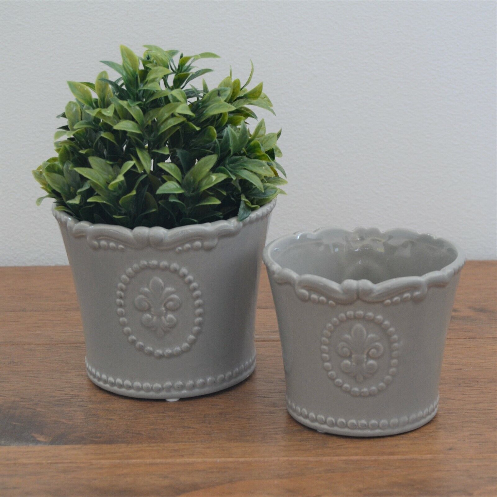 13cm Vintage Grey Ceramic Plant Pot Fleur De Lis Indoor Planter Cover Jar