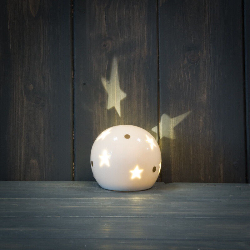 White Ceramic LED Cut Out Star Design Warm White Light Up Ball Globe Decor