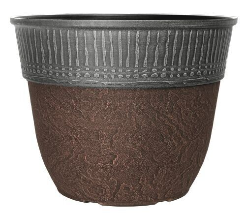 Planter Ceramic Look Copper Grey Plastic Plant Pot 38cm Round Garden Set of 2