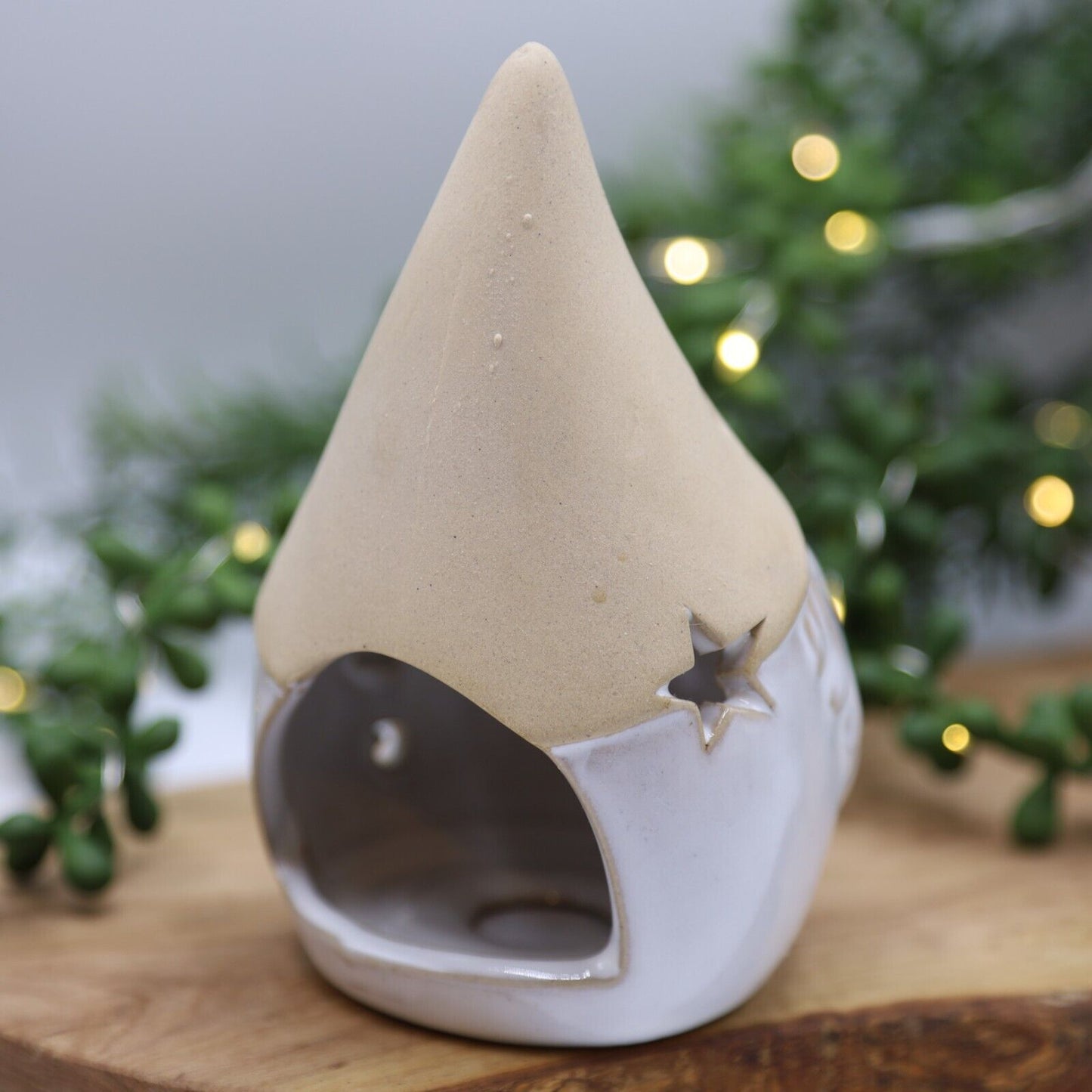 Beige Ceramic Gonk Tealight Candle Holder Star Cut Out (11cm) Christmas Festive