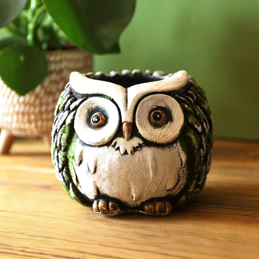 Round Cement Owl Planter White Faced 15cm Barn Garden Flower Plant Pot Holder