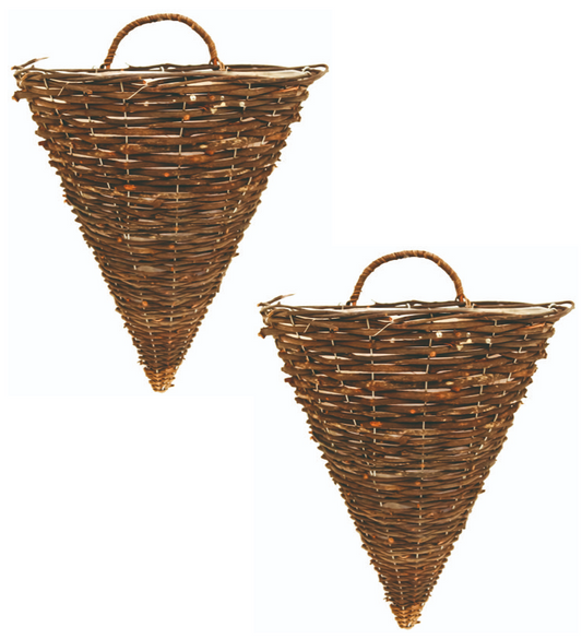 2X 30cm Dark Brown Wicker Wall Hanging Cone Basket Lined Rattan Willow Planter