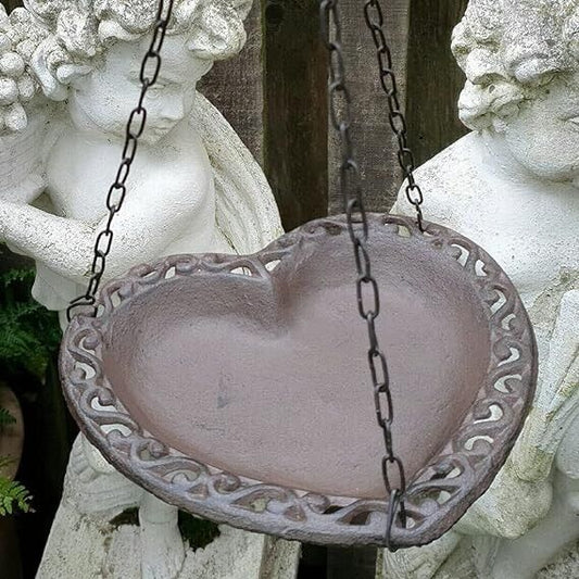 Cast Iron Decorative Bird Feeder Wall Mounted Heart Shaped Robin Birds Bath Dish