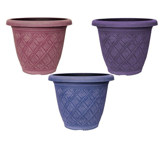 3pc Round 33cm Garden Plant Pot Woven Purple Blue Pink Flower Outdoor Planters