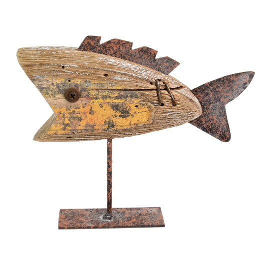 Wooden Fish on a Stand Ornament Shelf Sitter Distressed Shabby Chic Sculpture