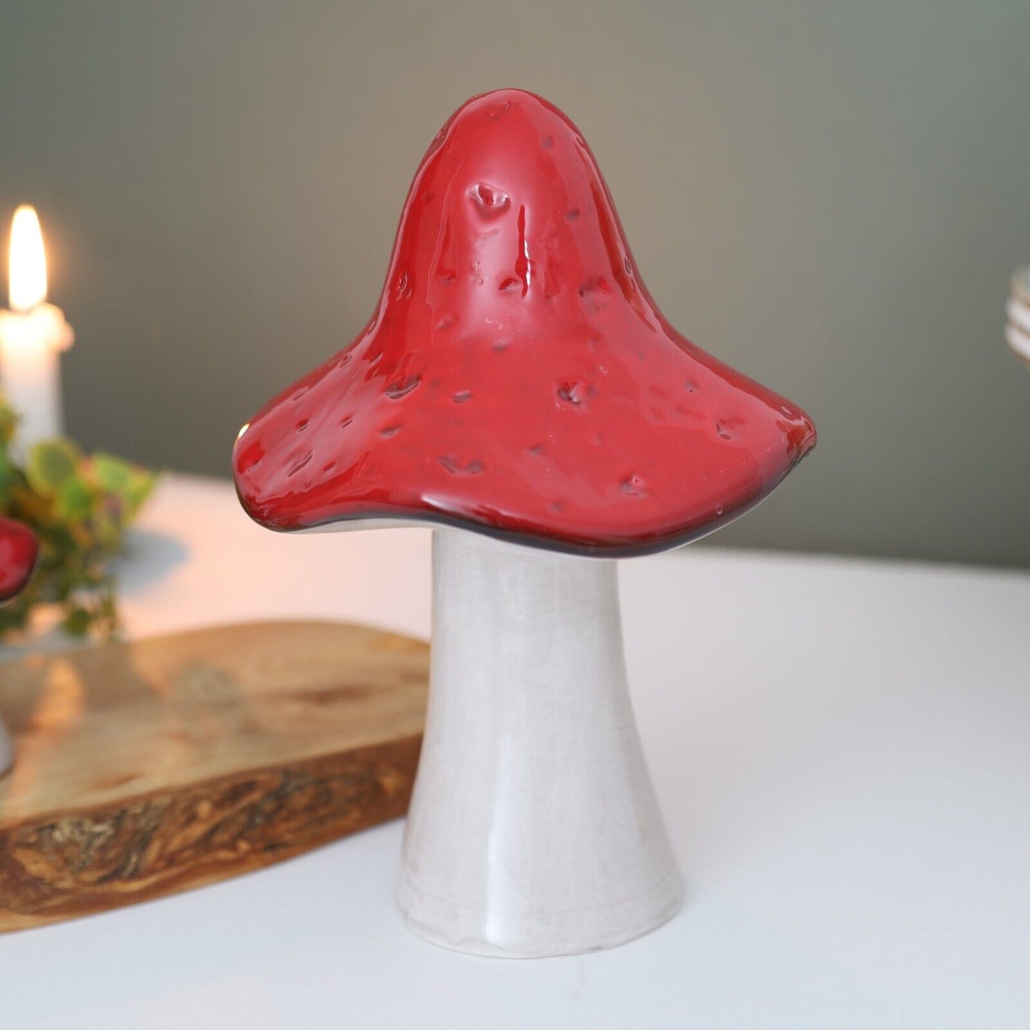 Ceramic Mushroom Autumn Fall Toadstool Red & White Painted Home Decor Ornament