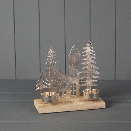 Christmas Aluminium House Tree Village Tealight Holder 17cm Wooden Base Ornament