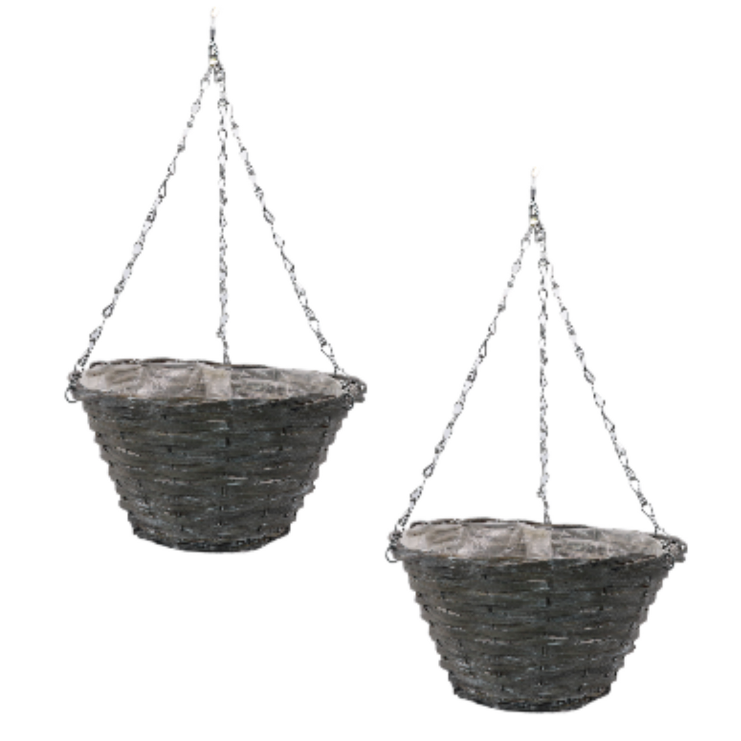 2Pc Grey Washed Willow Hanging Baskets 30cm 12 Inch Lined Planter Iron Chains